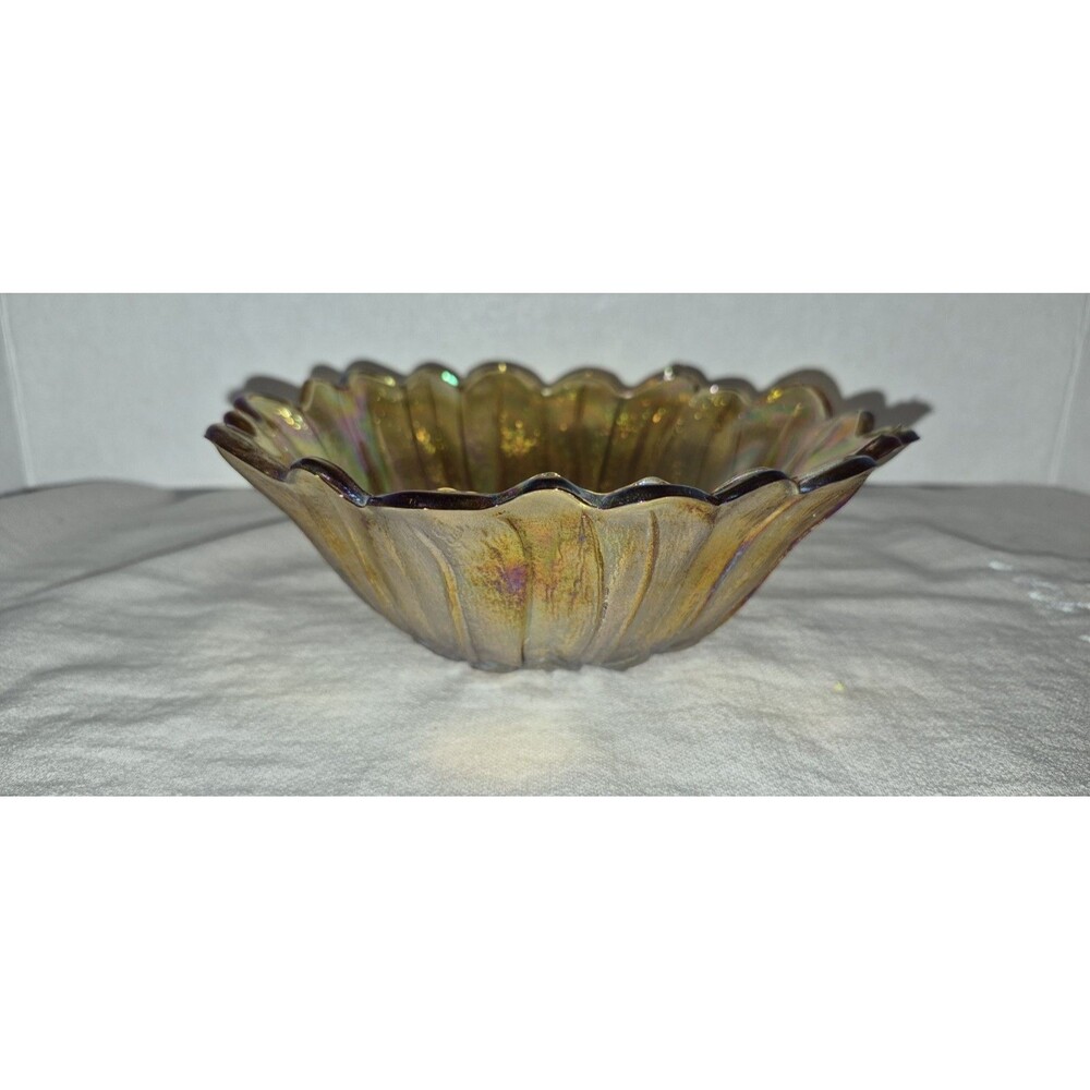 VTG Indiana Glass Marigold Sunflower Amber Carnival Iridescent Bowl Candy Dish